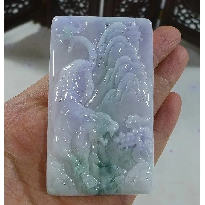 Certified Natural Type A Lavender Green Jadeite Jade Big Scene Tiger Pendant - Image 4