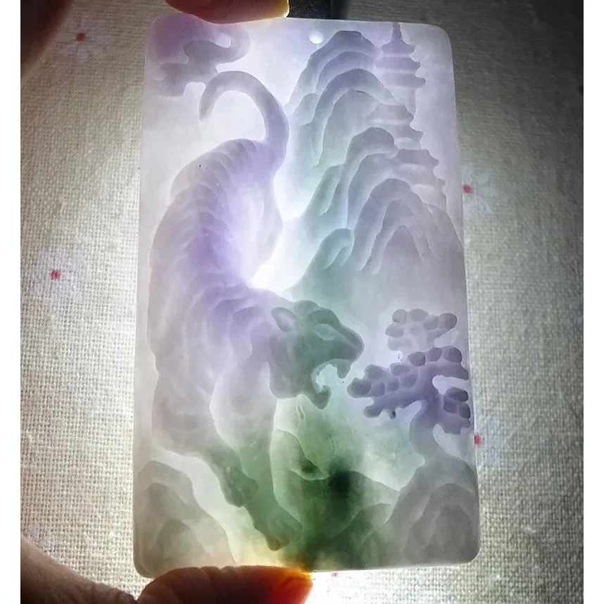Certified Natural Type A Lavender Green Jadeite Jade Big Scene Tiger Pendant - Image 5