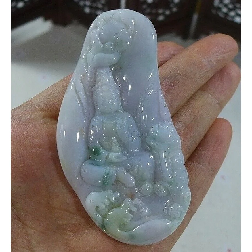 Certified Natural Type A Lavender Green Jadeite Jade Lotus Kwan-Yin Pendant - Image 2