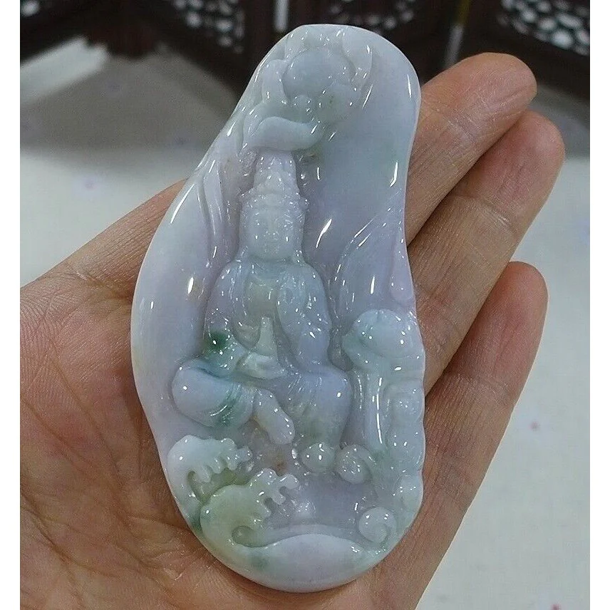 Certified Natural Type A Lavender Green Jadeite Jade Lotus Kwan-Yin Pendant - Image 3