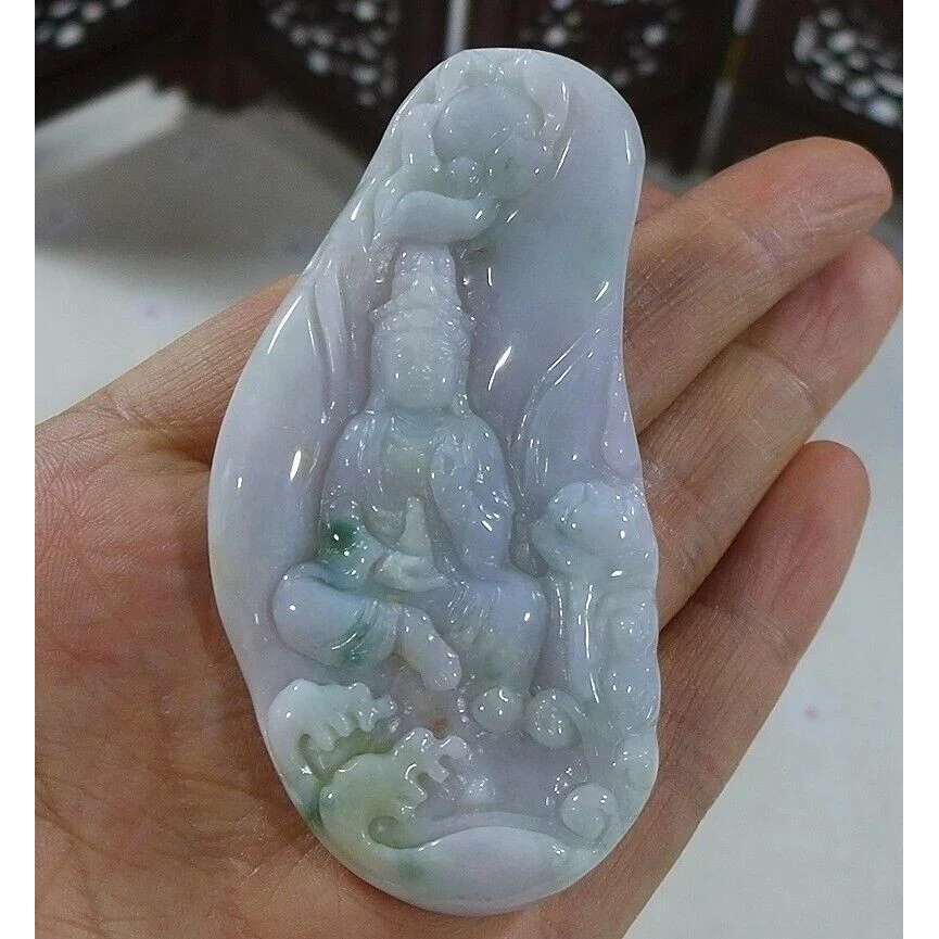 Certified Natural Type A Lavender Green Jadeite Jade Lotus Kwan-Yin Pendant - Image 4