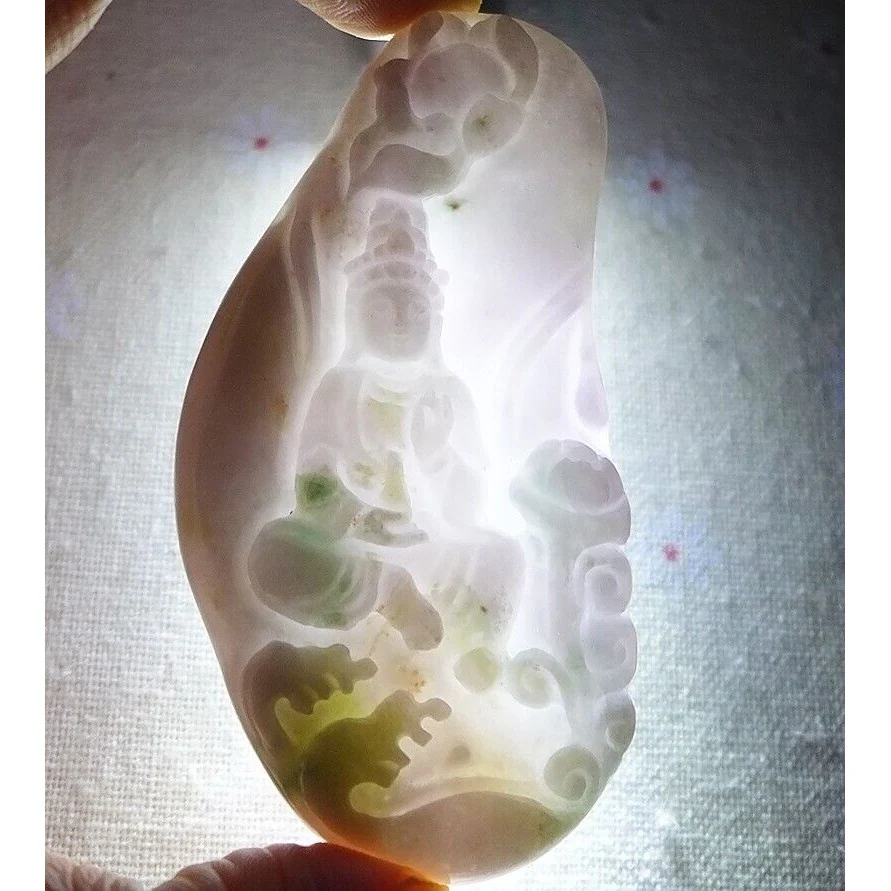 Certified Natural Type A Lavender Green Jadeite Jade Lotus Kwan-Yin Pendant - Image 6
