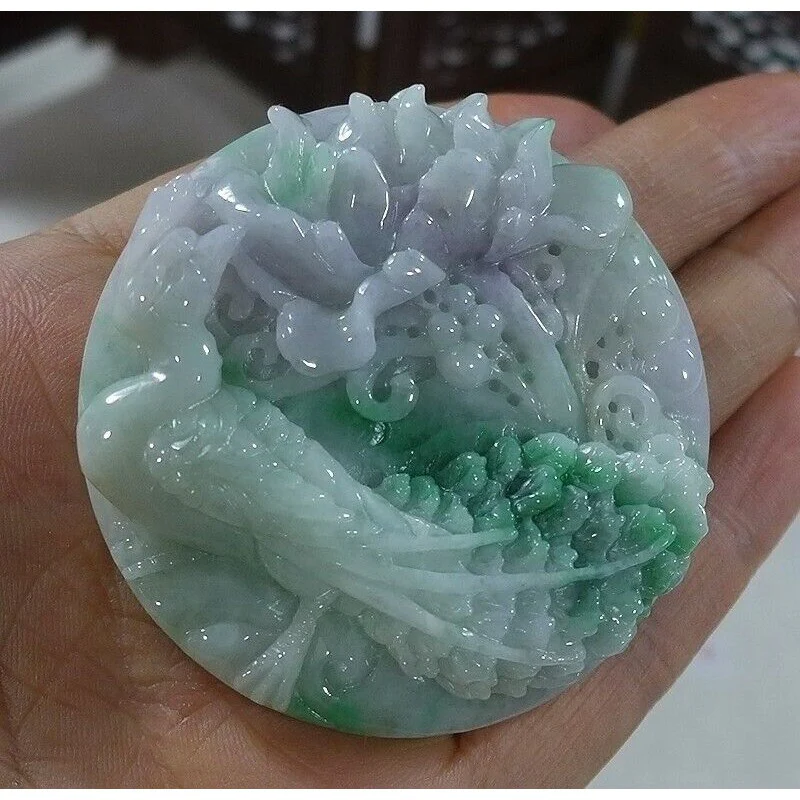 Certified Natural Type A Lavender Green Jadeite Jade Peony Phoenix Pendant - Image 2