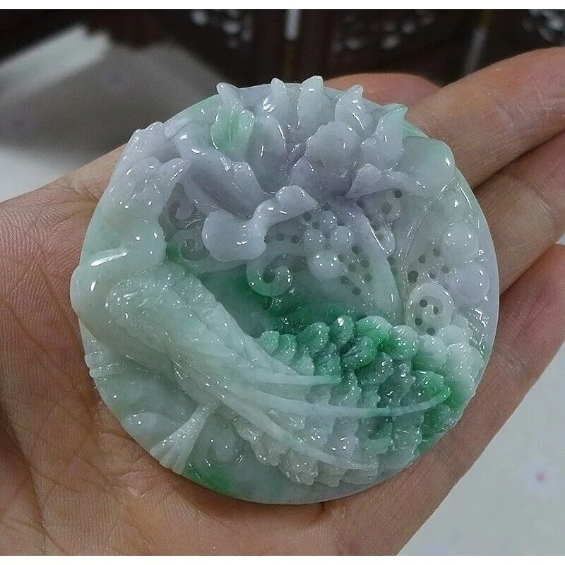 Certified Natural Type A Lavender Green Jadeite Jade Peony Phoenix Pendant - Image 3