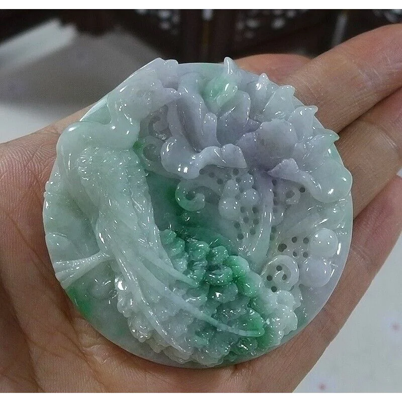Certified Natural Type A Lavender Green Jadeite Jade Peony Phoenix Pendant - Image 4