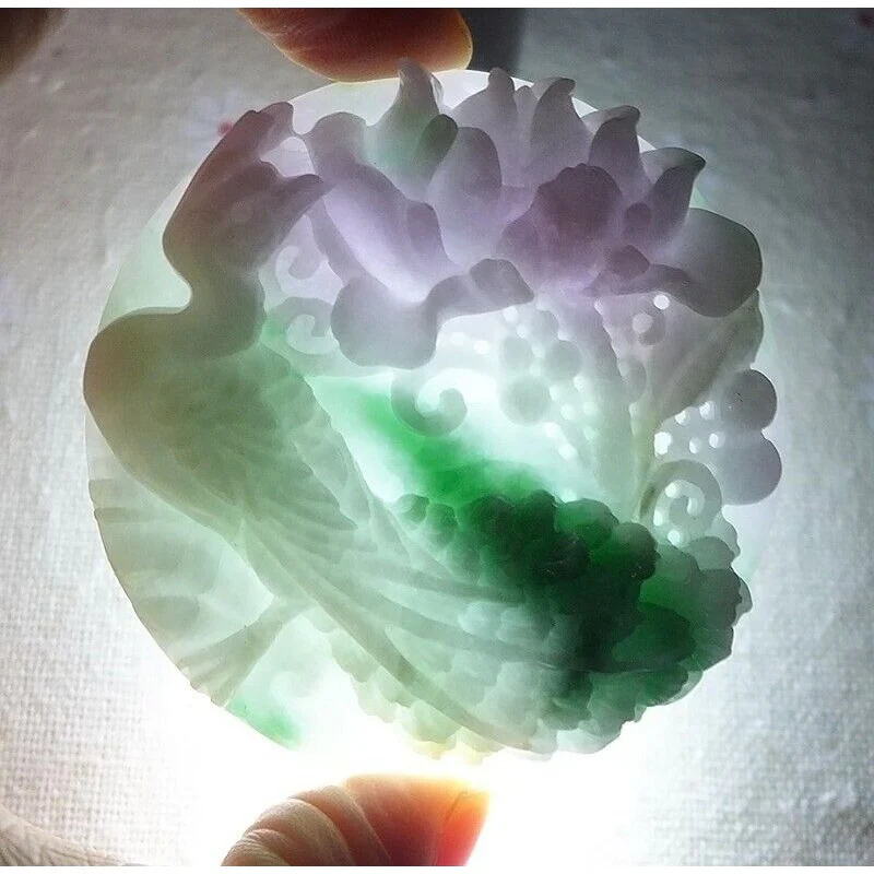 Certified Natural Type A Lavender Green Jadeite Jade Peony Phoenix Pendant - Image 5