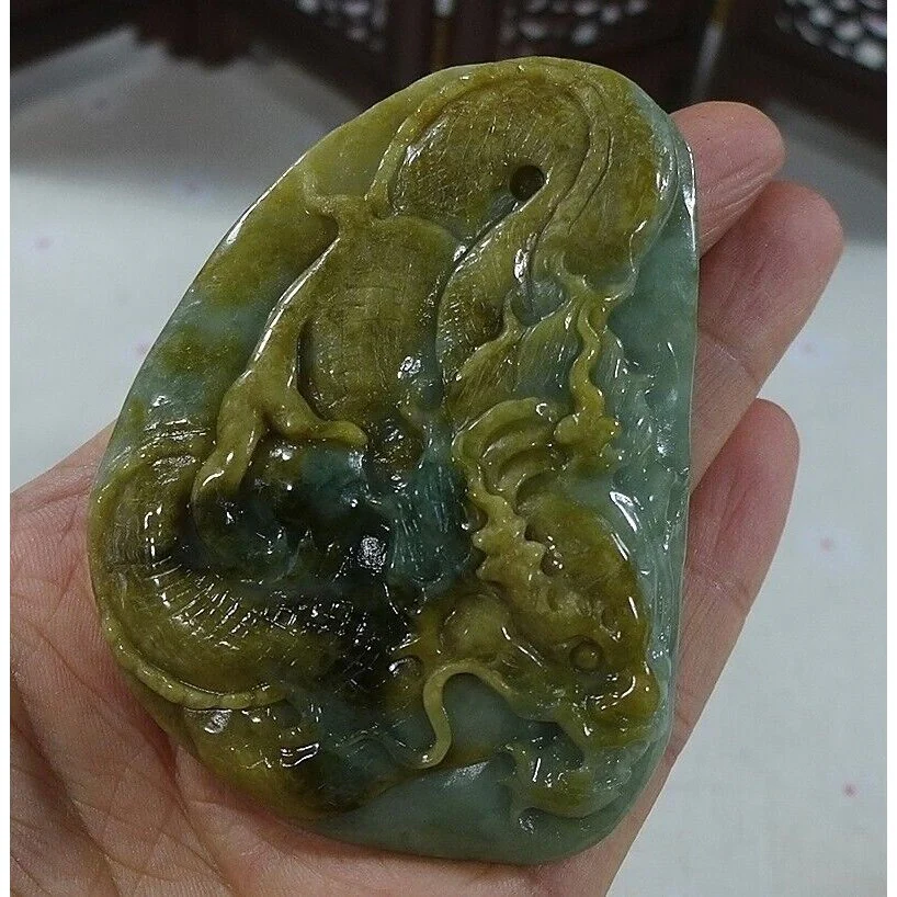 Certified Natural Type A Yellow Jadeite Jade Big Dragon Pendant Necklace - Image 2