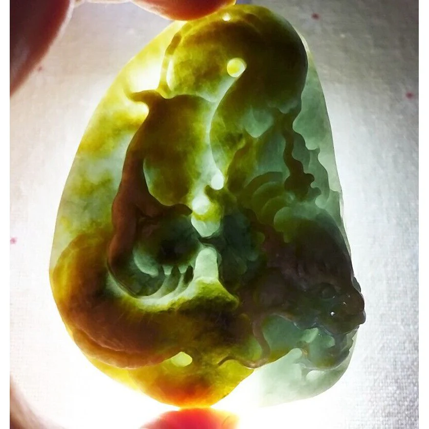 Certified Natural Type A Yellow Jadeite Jade Big Dragon Pendant Necklace - Image 5
