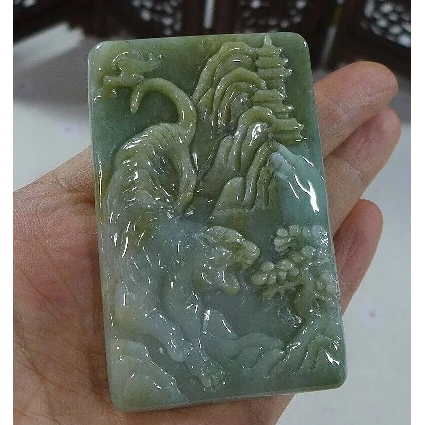 Certified Natural Type A Yellow Jadeite Jade Big Landscape Tiger Pendant - Image 2