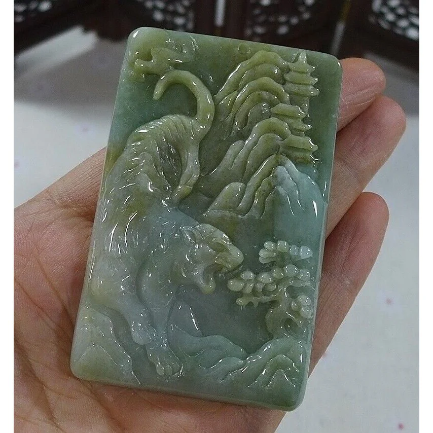 Certified Natural Type A Yellow Jadeite Jade Big Landscape Tiger Pendant - Image 3