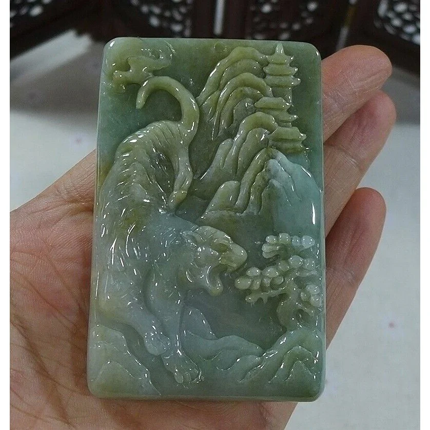 Certified Natural Type A Yellow Jadeite Jade Big Landscape Tiger Pendant - Image 4