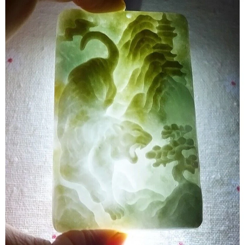 Certified Natural Type A Yellow Jadeite Jade Big Landscape Tiger Pendant - Image 5