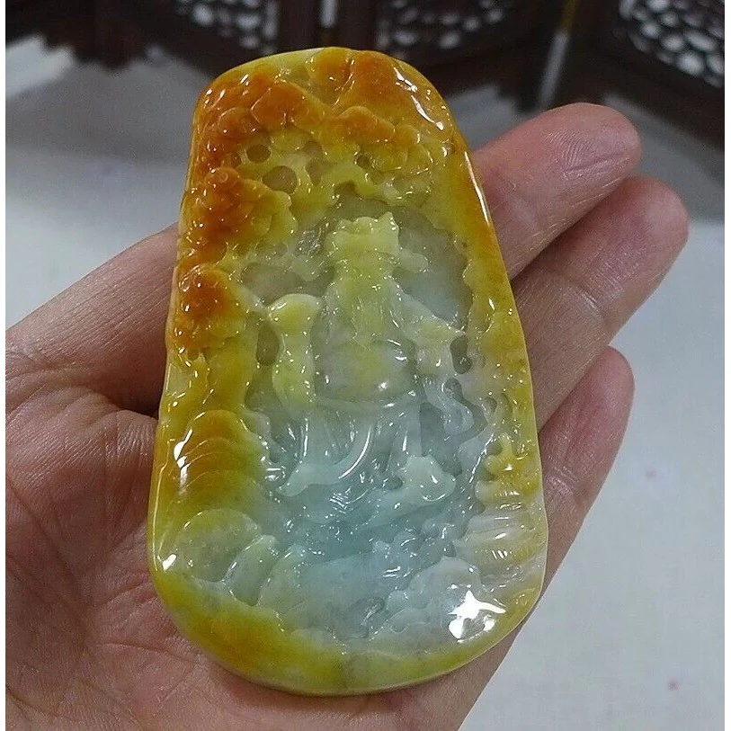 Cert'd Natural Type A Yellow Jadeite Jade Landscape Fortune God Big Pendant - Image 2