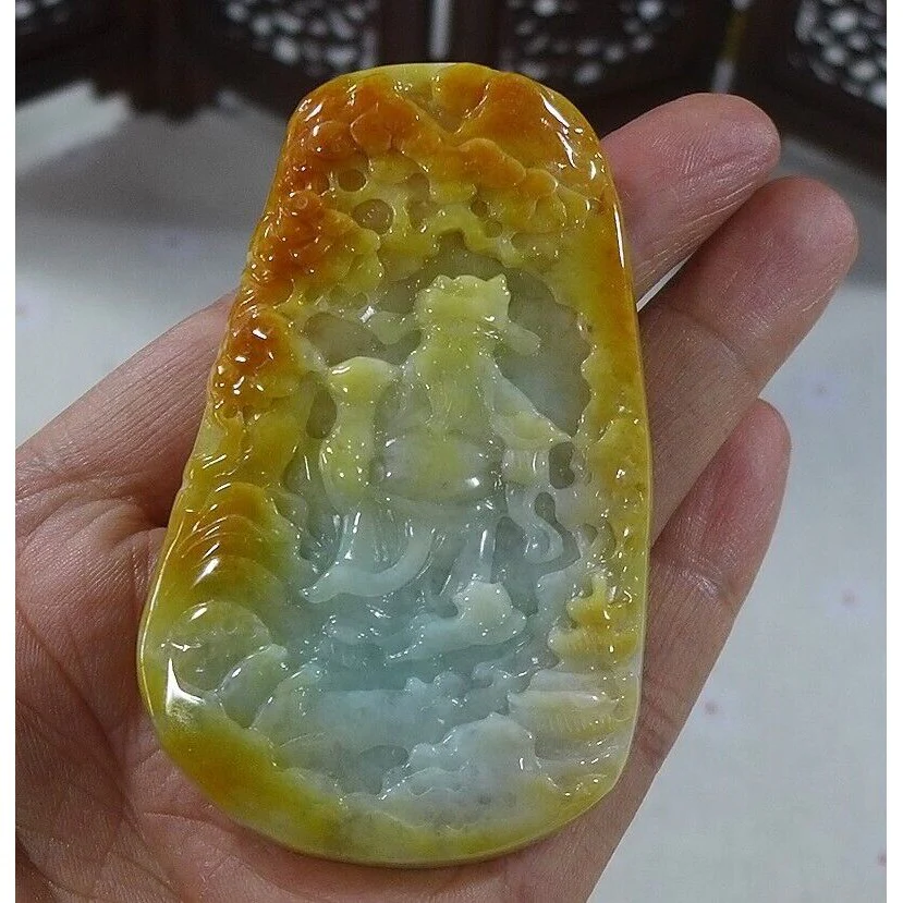 Cert'd Natural Type A Yellow Jadeite Jade Landscape Fortune God Big Pendant - Image 3