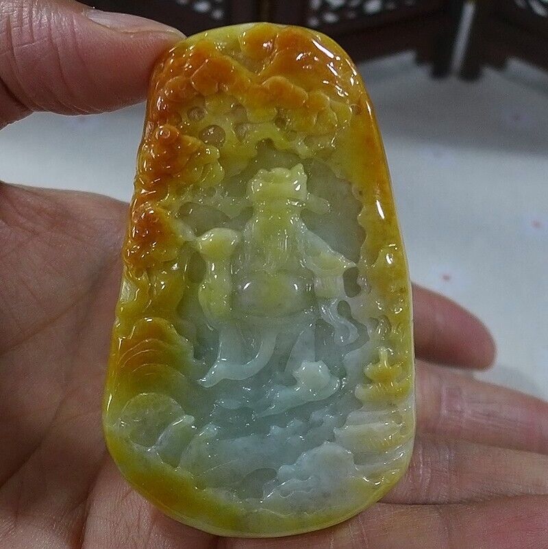 Cert'd Natural Type A Yellow Jadeite Jade Landscape Fortune God Big Pendant - Image 5