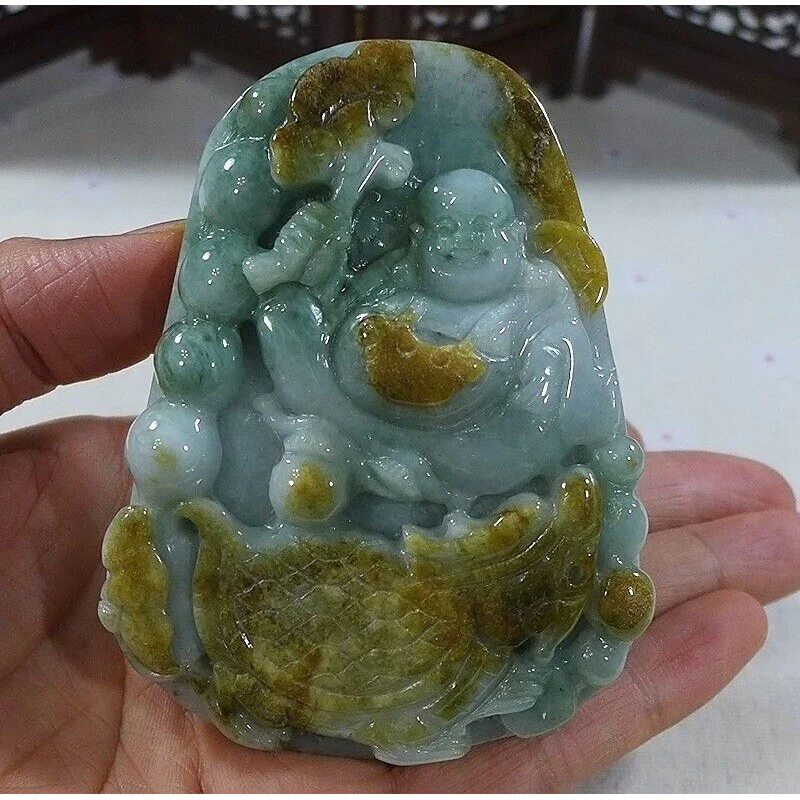 Certified Natural Type A Yellow Jadeite Jade Turtle Dragon Buddha Big Pendant - Image 13