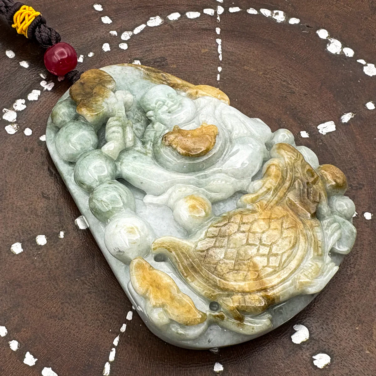 Certified Natural Type A Yellow Jadeite Jade Turtle Dragon Buddha Big Pendant - Image 3