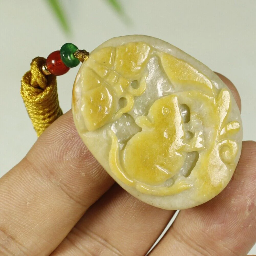 Certified Yellow 100% Natural A Jadeite Jade Pendant Mouse Butterfly - Image 4