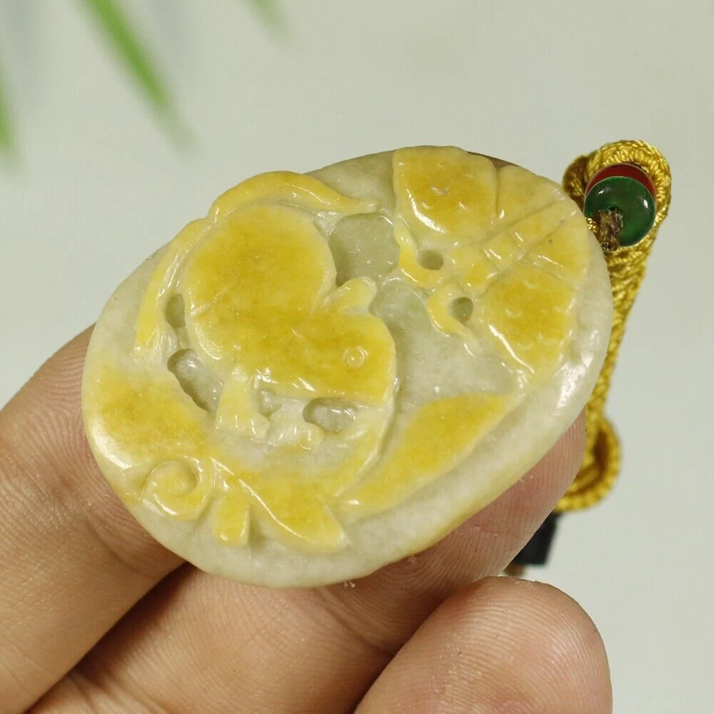 Certified Yellow 100% Natural A Jadeite Jade Pendant Mouse Butterfly - Image 5