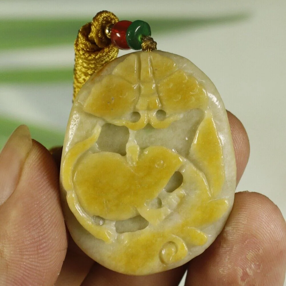 Certified Yellow 100% Natural A Jadeite Jade Pendant Mouse Butterfly - Image 6