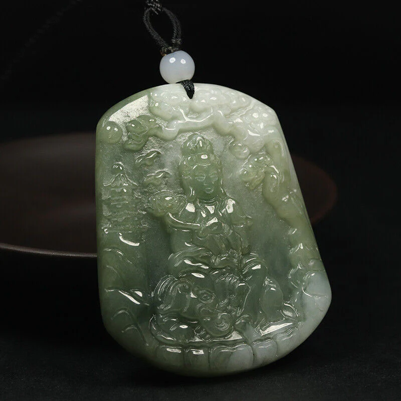 Certified 100% Natural Grade A Green Jade Jadeite Pendant Carved Kwan-Yin Necklace - Image 2