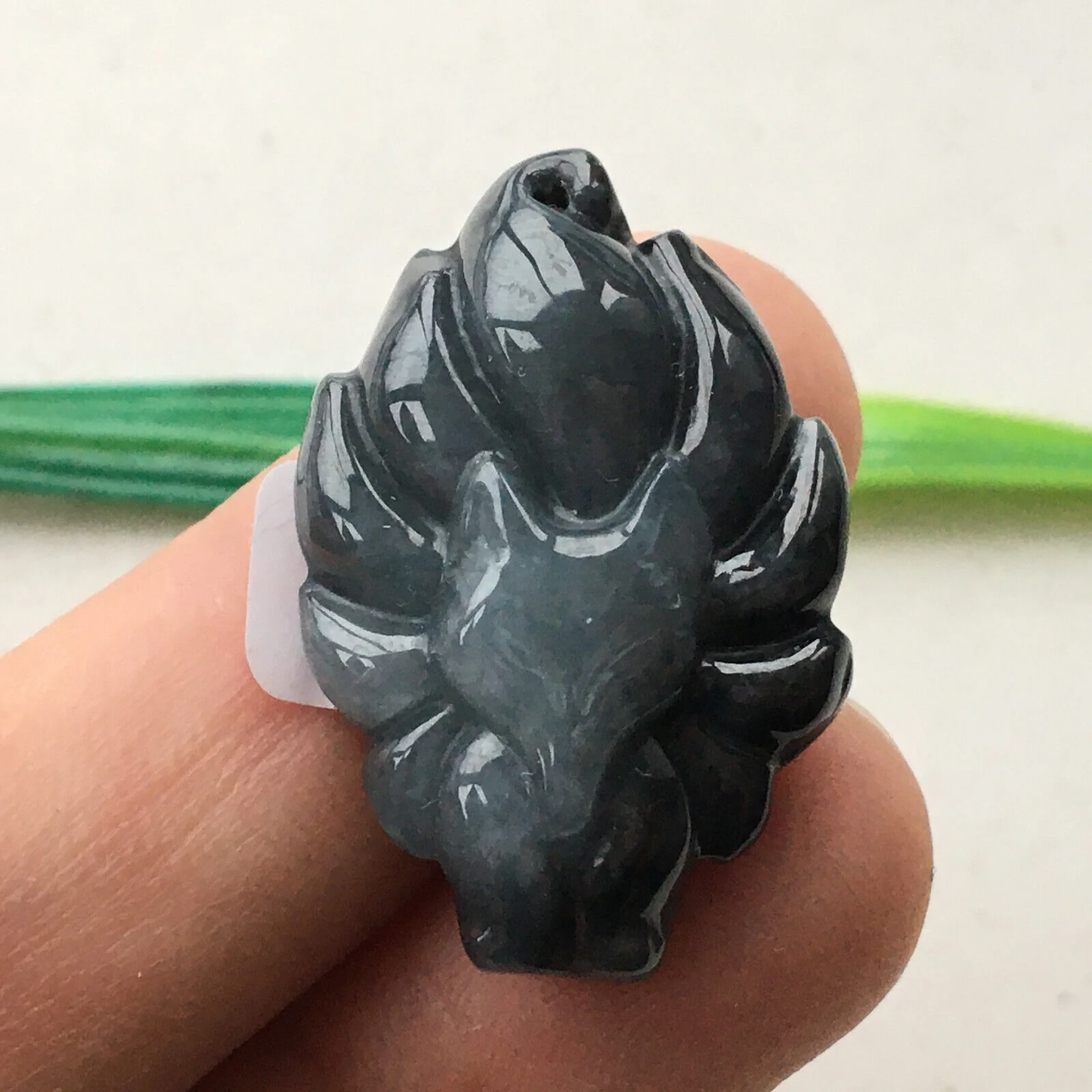 Certified 100% Natural Smoky Gray Jadeite Carved Nine-Tailed Fox Pendant - Image 2