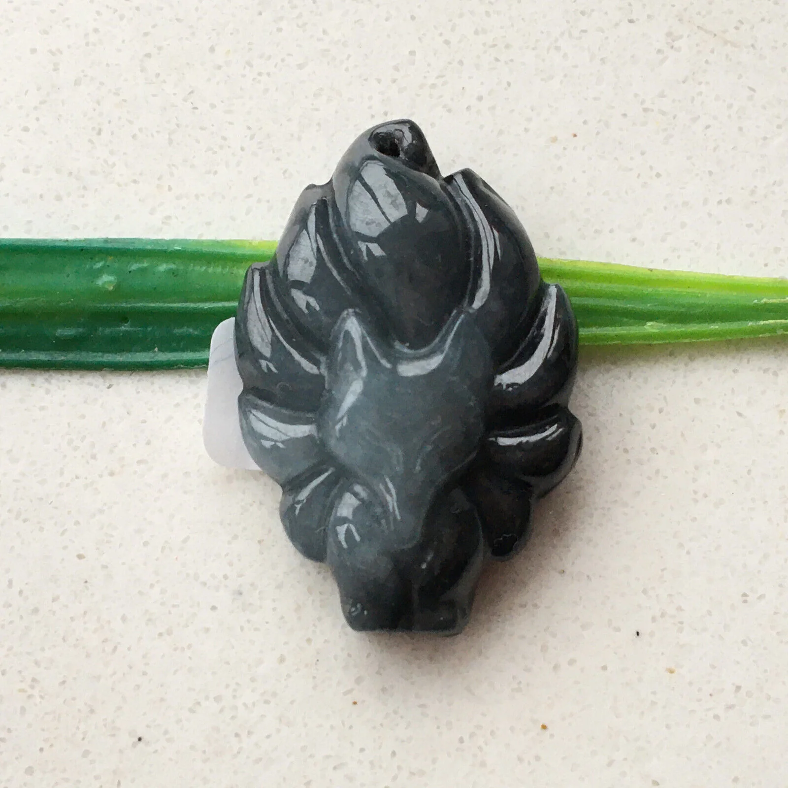 Certified 100% Natural Smoky Gray Jadeite Carved Nine-Tailed Fox Pendant - Image 4