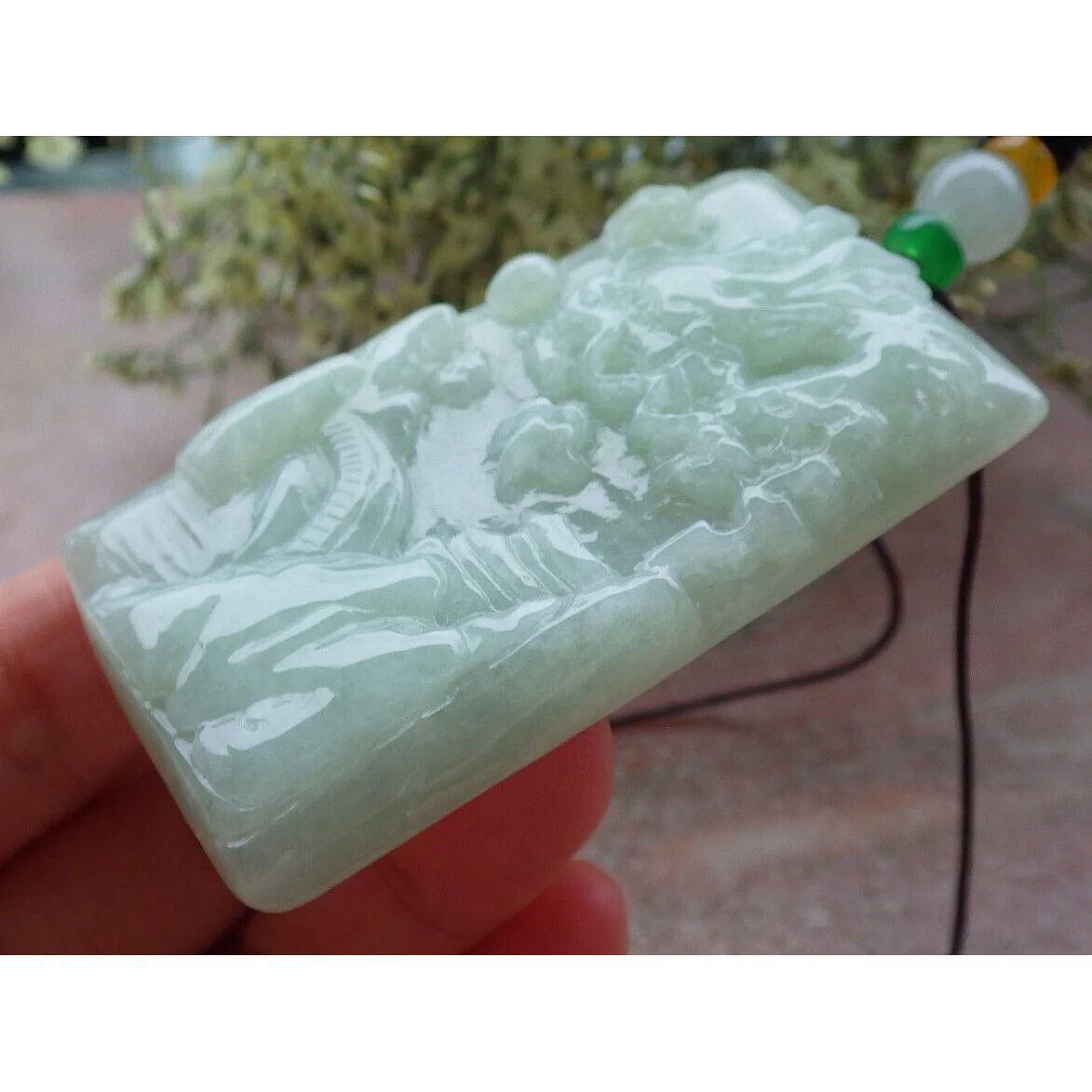 Certified A Jade Jadeite Pendant Heavenly Landscape Painting with Dragon Chasing the Flaming Pearl in the Sky - Image 2