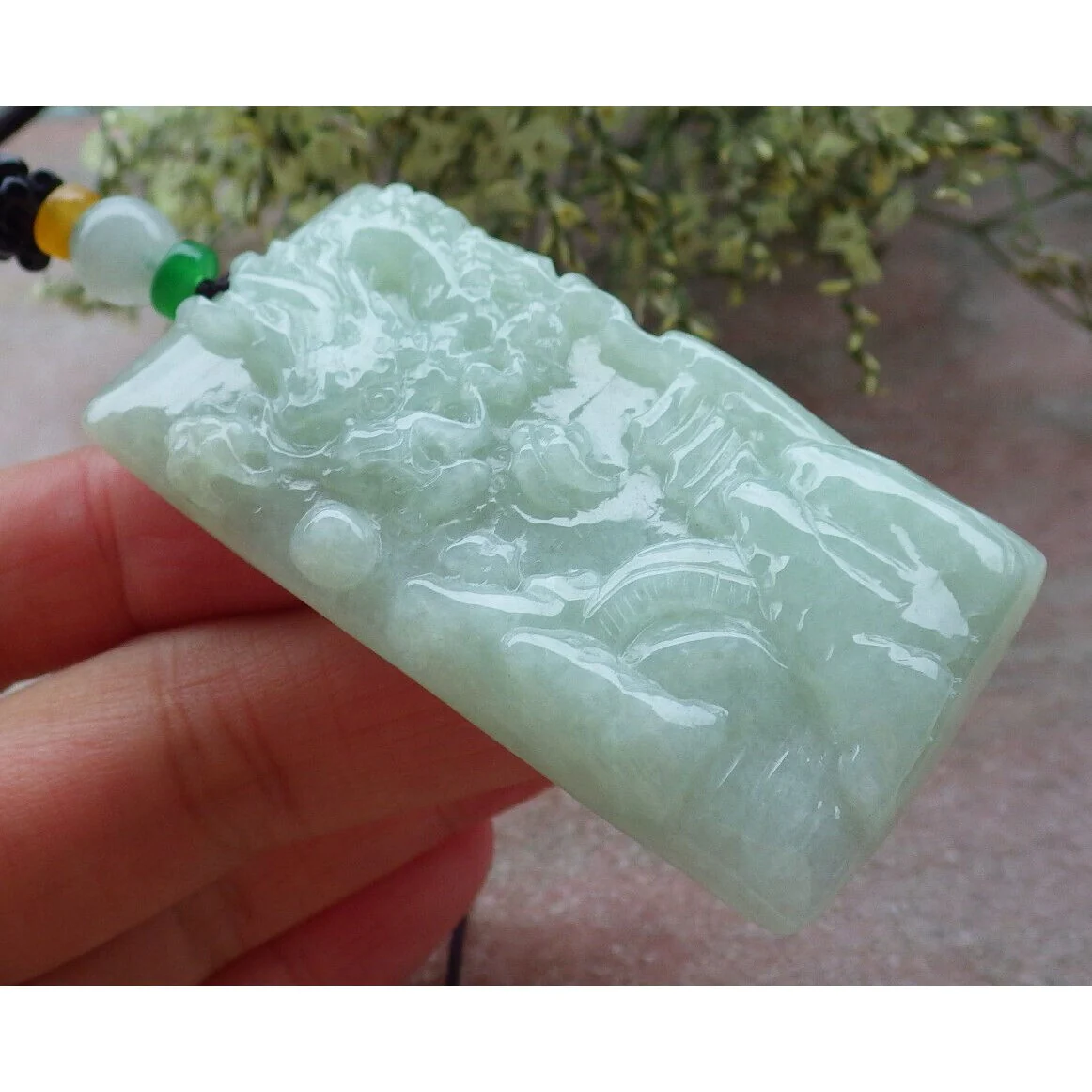 Certified A Jade Jadeite Pendant Heavenly Landscape Painting with Dragon Chasing the Flaming Pearl in the Sky - Image 3