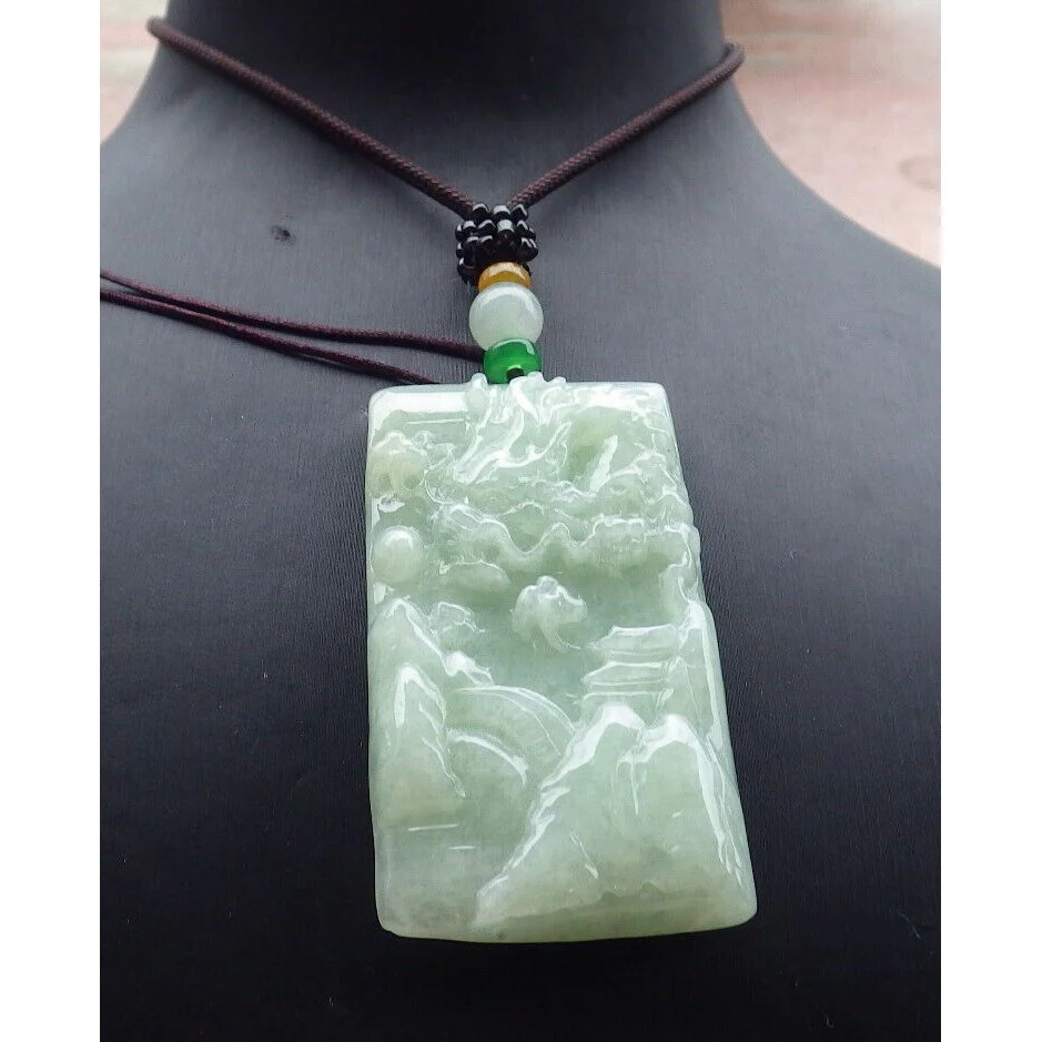 Certified A Jade Jadeite Pendant Heavenly Landscape Painting with Dragon Chasing the Flaming Pearl in the Sky - Image 6