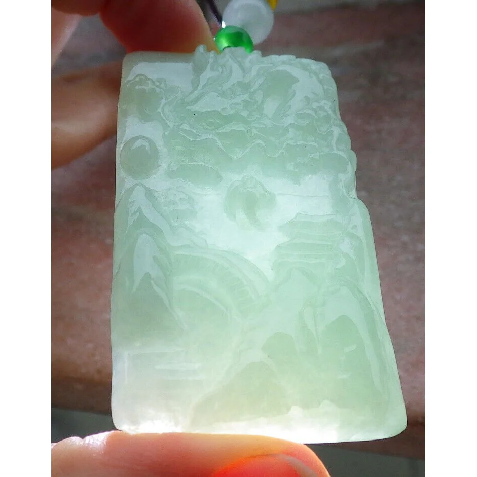 Certified A Jade Jadeite Pendant Heavenly Landscape Painting with Dragon Chasing the Flaming Pearl in the Sky - Image 8