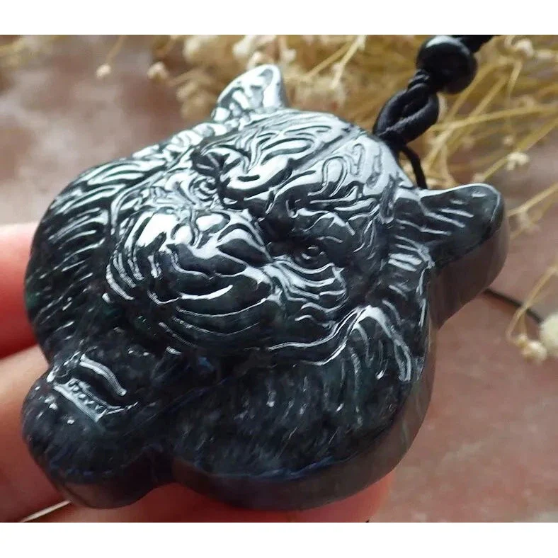 Certified Black Burma Natural 100% A Jade Jadeite Pendant  Tiger Head Necklace - Image 2