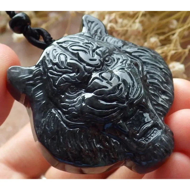 Certified Black Burma Natural 100% A Jade Jadeite Pendant  Tiger Head Necklace - Image 3