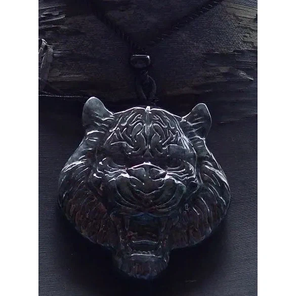 Certified Black Burma Natural 100% A Jade Jadeite Pendant  Tiger Head Necklace - Image 4