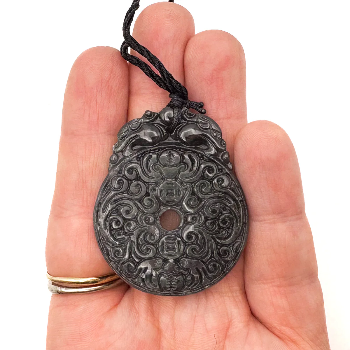 Certified Black Green Natural Type A Jade Jadeite Carved Bat Coin Moire Pendant - Image 11