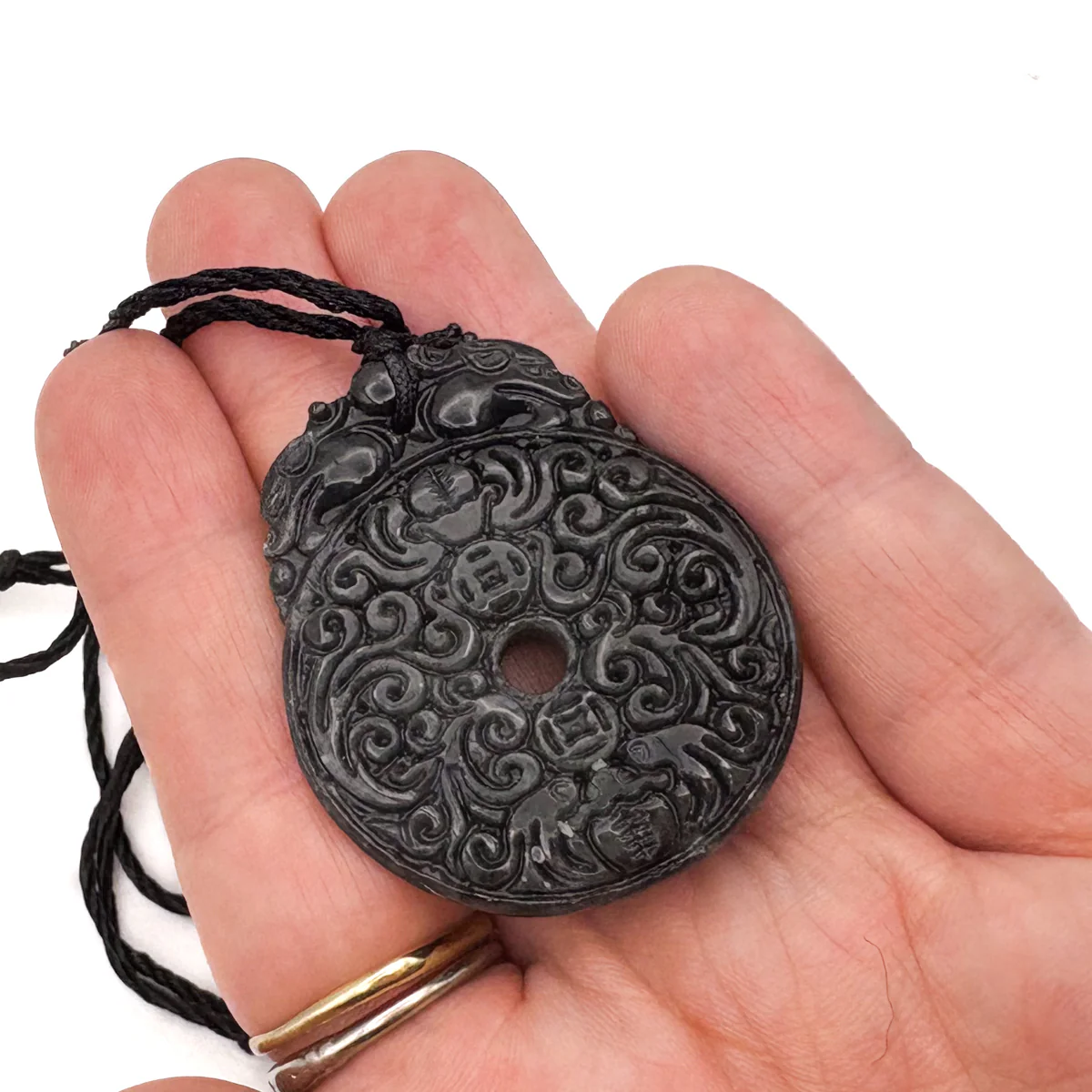 Certified Black Green Natural Type A Jade Jadeite Carved Bat Coin Moire Pendant - Image 12