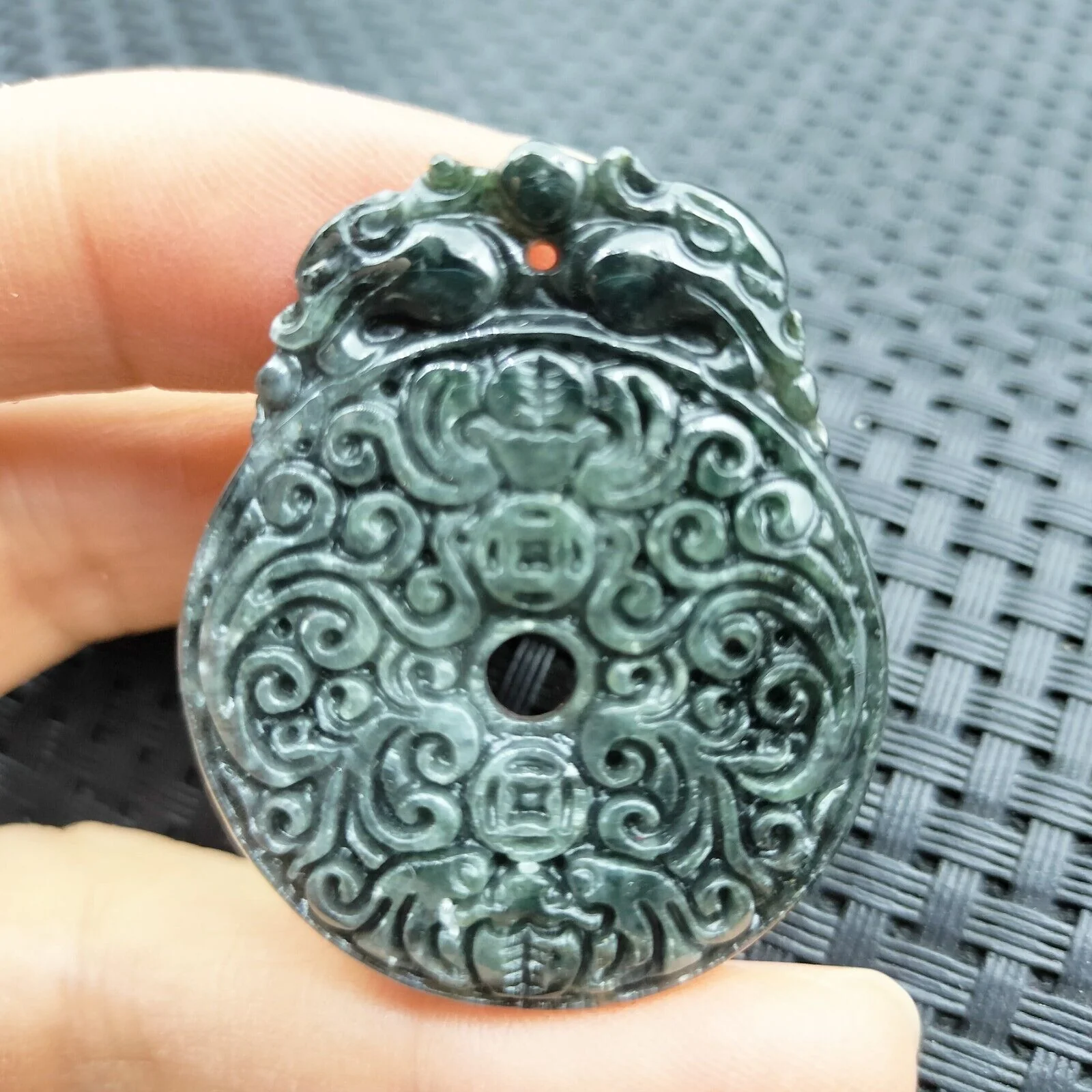 Certified Black Green Natural Type A Jade Jadeite Carved Bat Coin Moire Pendant - Image 14