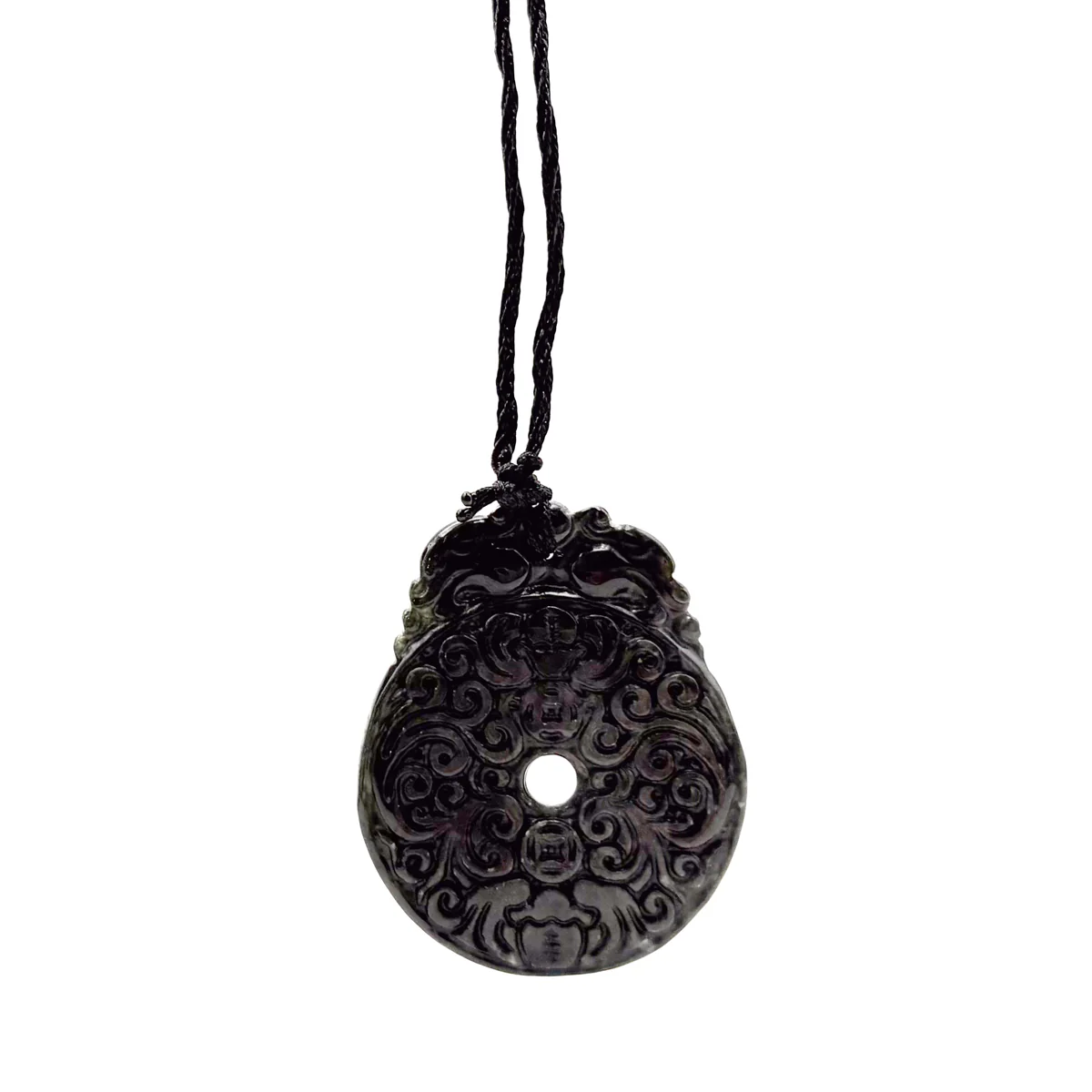 Certified Black Green Natural Type A Jade Jadeite Carved Bat Coin Moire Pendant - Image 2