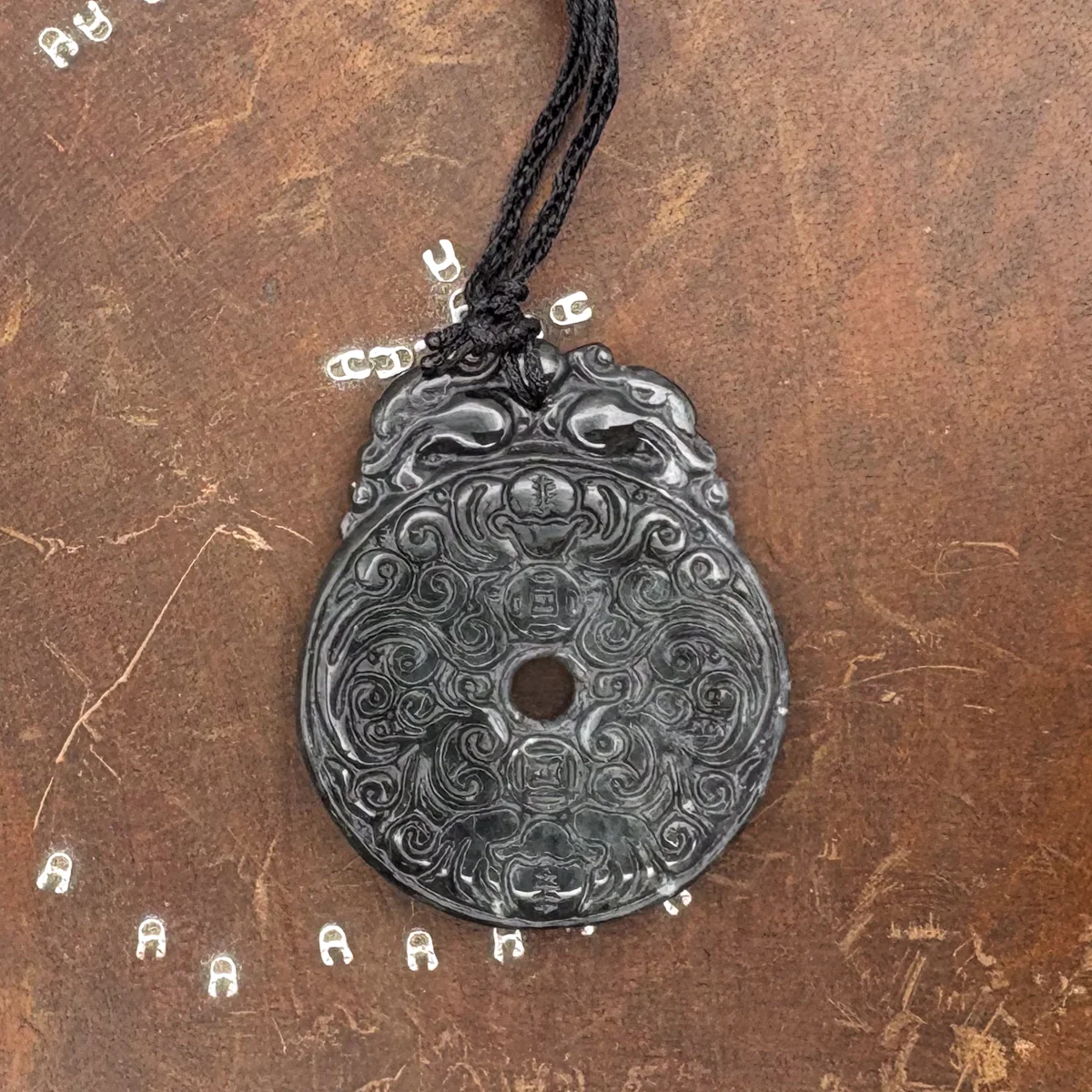 Certified Black Green Natural Type A Jade Jadeite Carved Bat Coin Moire Pendant - Image 3