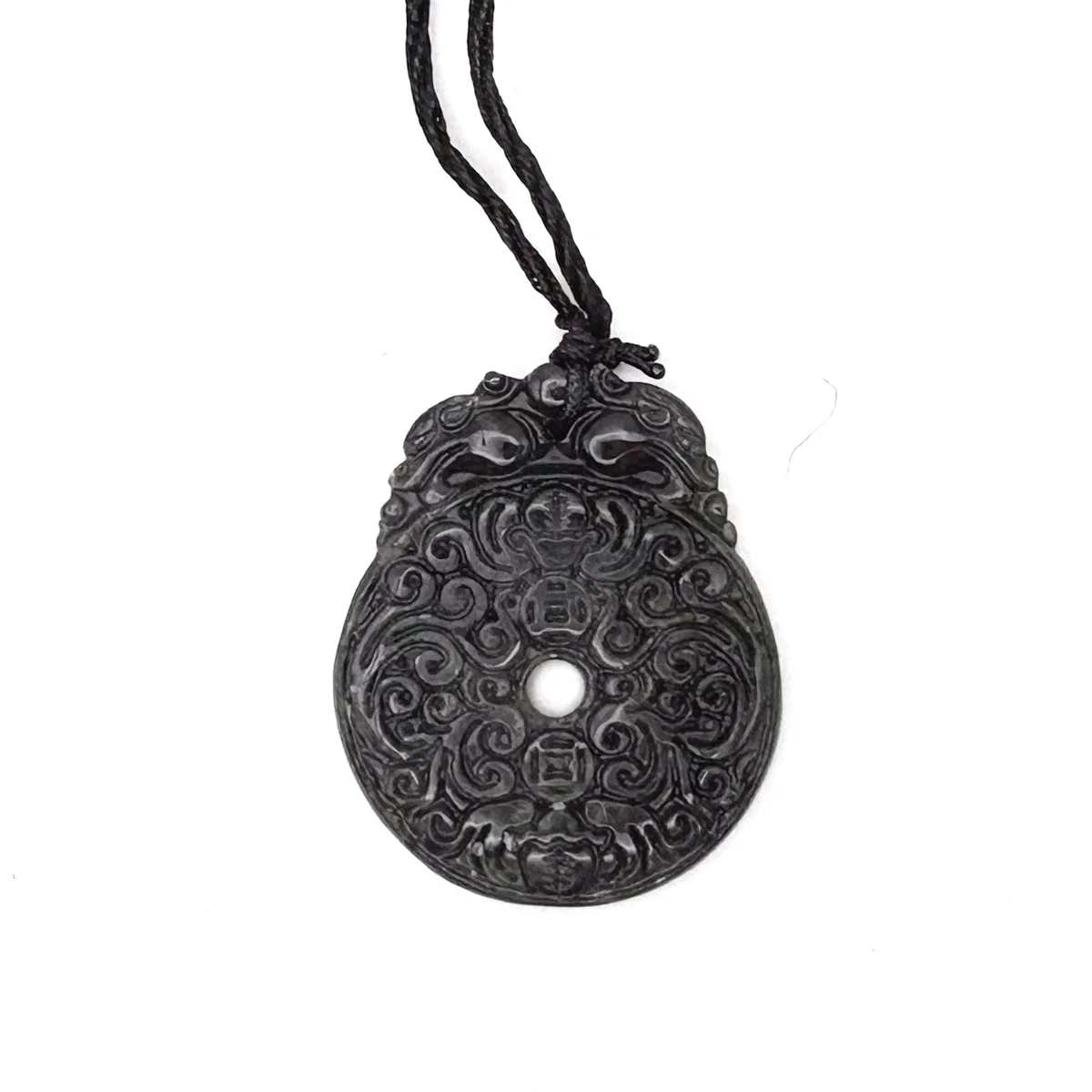 Certified Black Green Natural Type A Jade Jadeite Carved Bat Coin Moire Pendant - Image 4