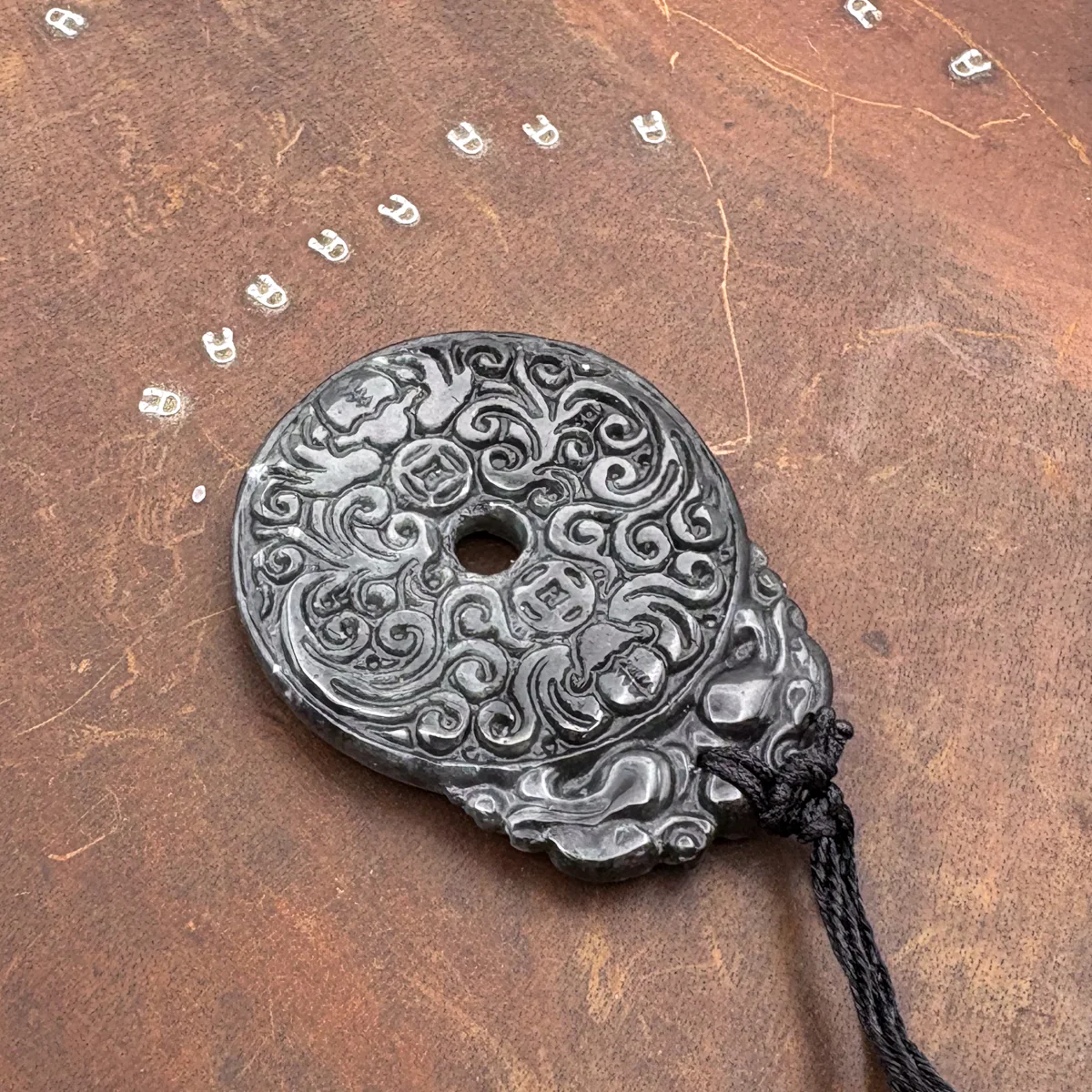 Certified Black Green Natural Type A Jade Jadeite Carved Bat Coin Moire Pendant - Image 5
