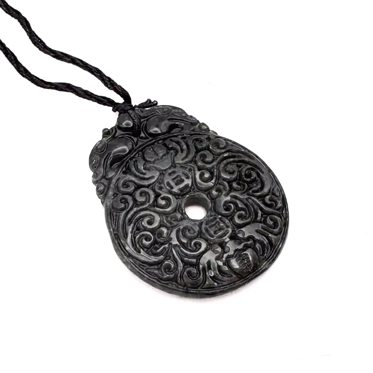 Certified Black Green Natural Type A Jade Jadeite Carved Bat Coin Moire Pendant - Image 6