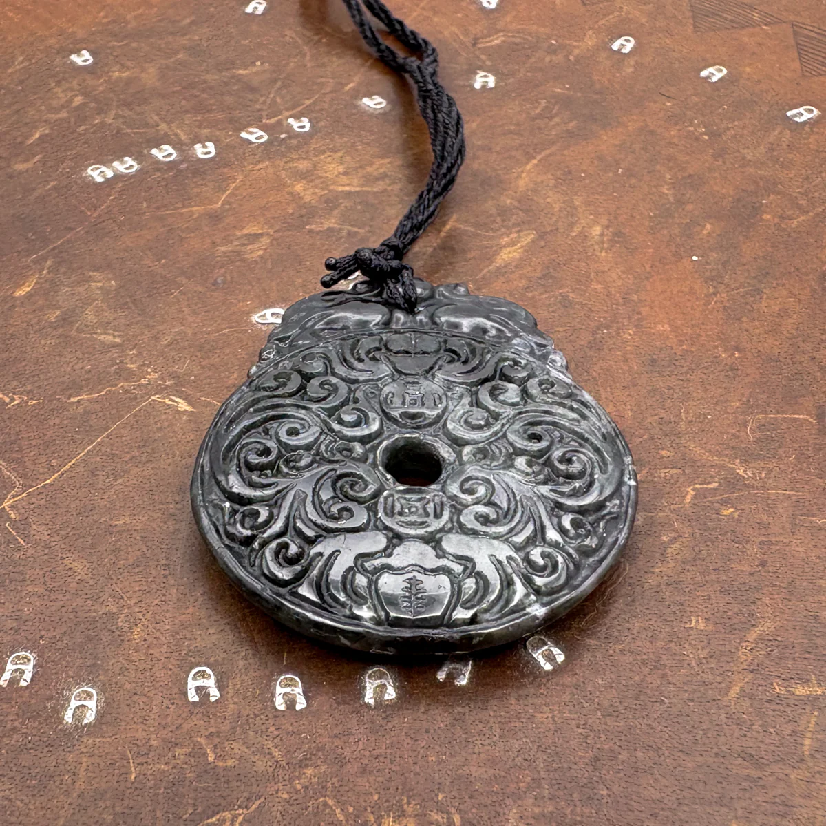 Certified Black Green Natural Type A Jade Jadeite Carved Bat Coin Moire Pendant - Image 8