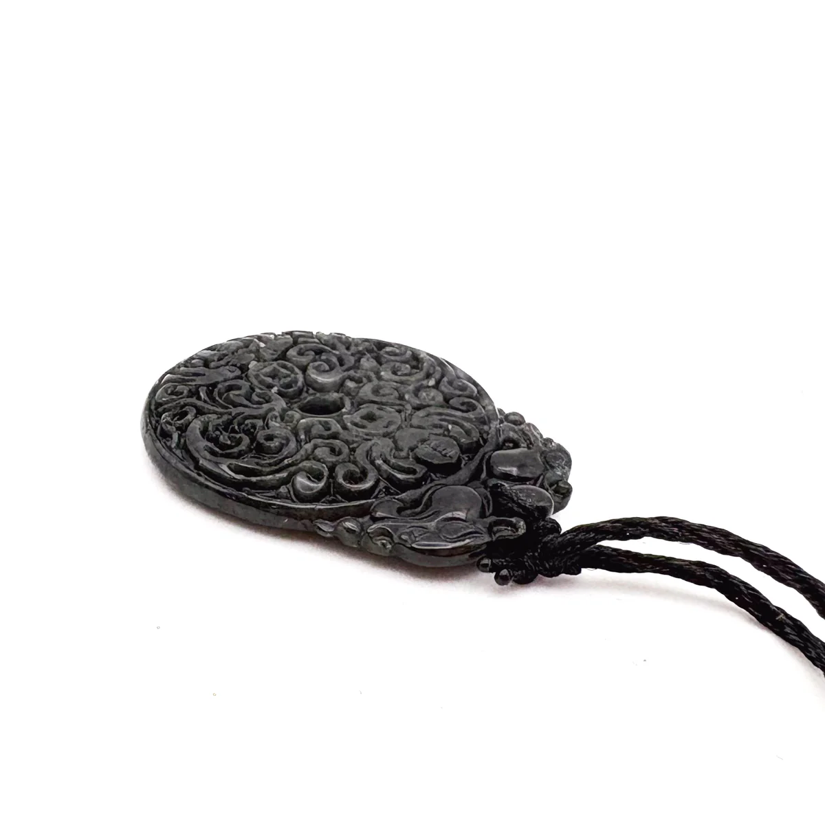 Certified Black Green Natural Type A Jade Jadeite Carved Bat Coin Moire Pendant - Image 9