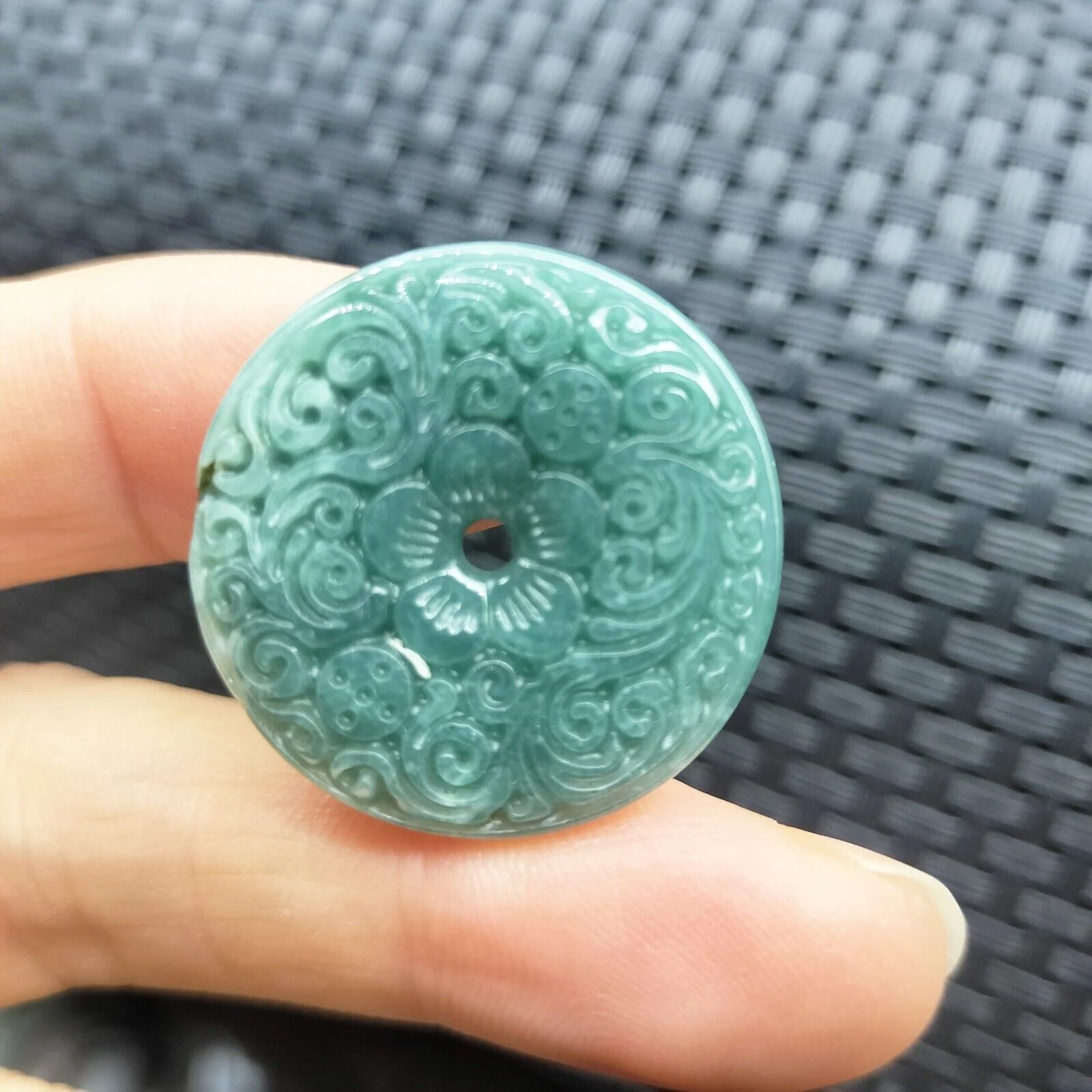 Certified Blue Green Natural A Jadeite Carved Moire Safety Circle Donut Pendant - Image 2