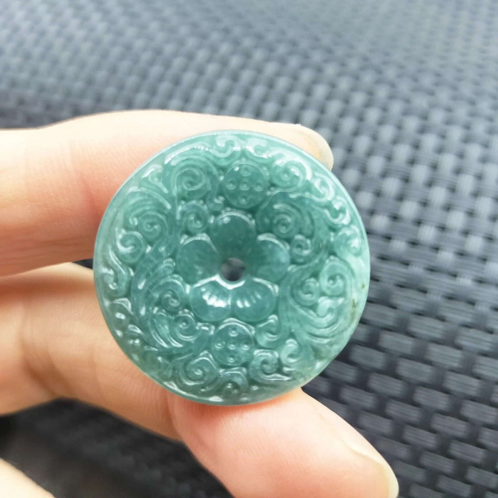 Certified Blue Green Natural A Jadeite Carved Moire Safety Circle Donut Pendant - Image 3