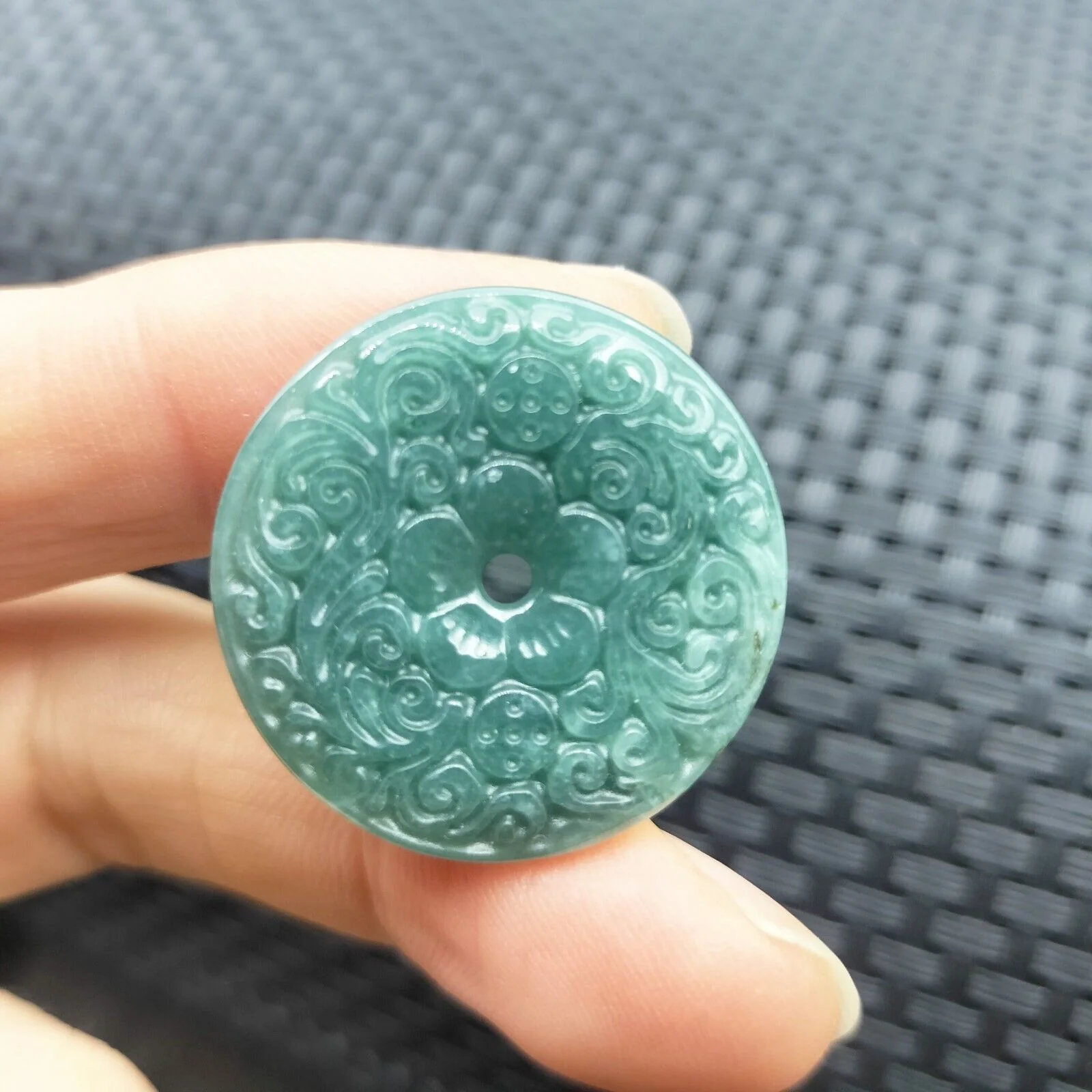 Certified Blue Green Natural A Jadeite Carved Moire Safety Circle Donut Pendant - Image 4