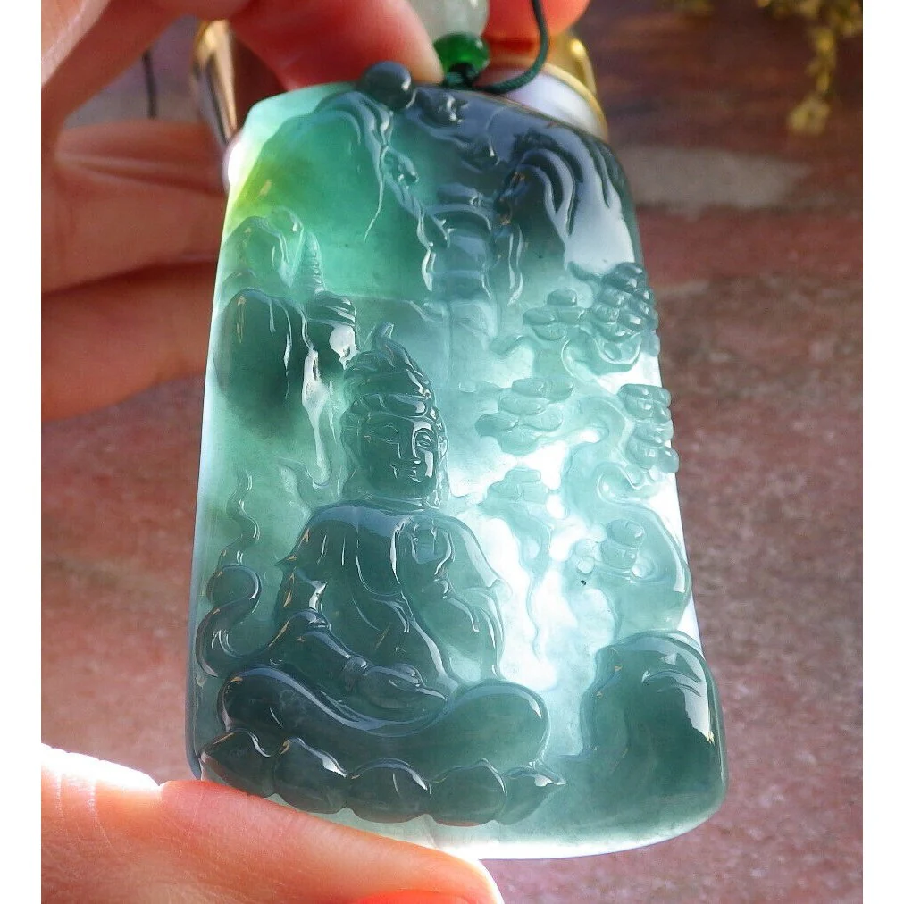 Certified Burma Natural A Jade Jadeite Landscape Painting Tree Guanyin Kwan Yin Necklace - Image 12