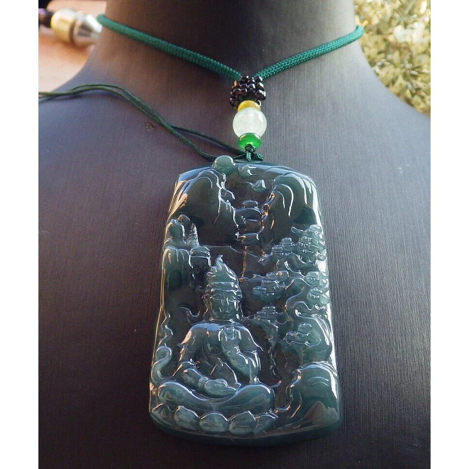 Certified Burma Natural A Jade Jadeite Landscape Painting Tree Guanyin Kwan Yin Necklace - Image 2