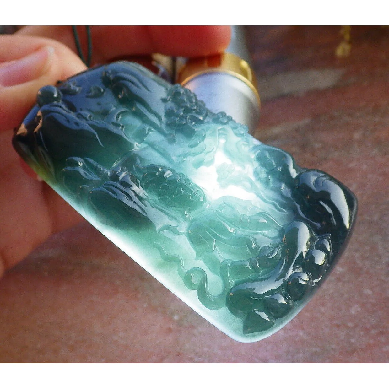 Certified Burma Natural A Jade Jadeite Landscape Painting Tree Guanyin Kwan Yin Necklace - Image 3